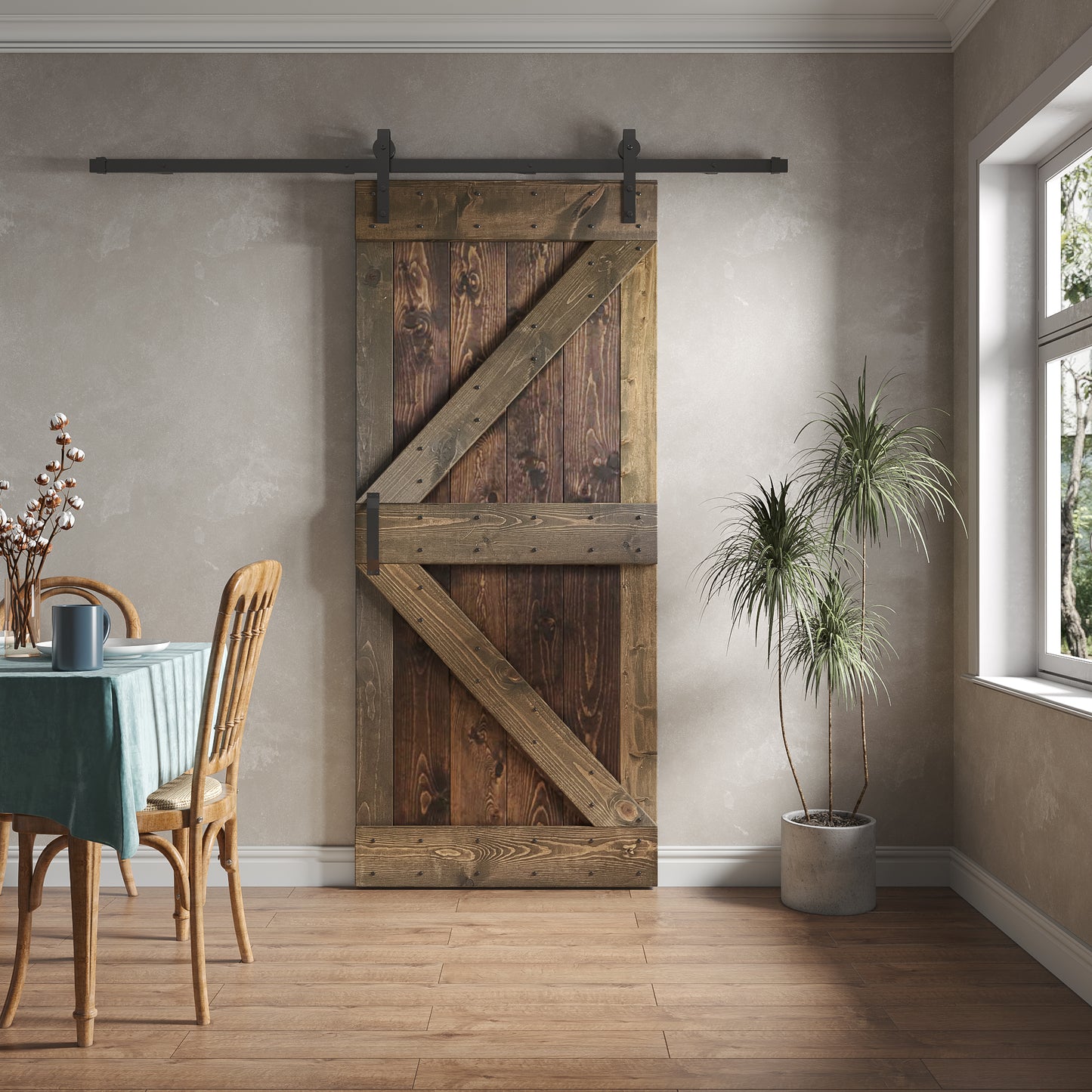 K Series 24in/30in/36in/42in. x 84 in Finished Mix-Color Knotty Pine Wood Sliding Barn Door With Hardware Kit