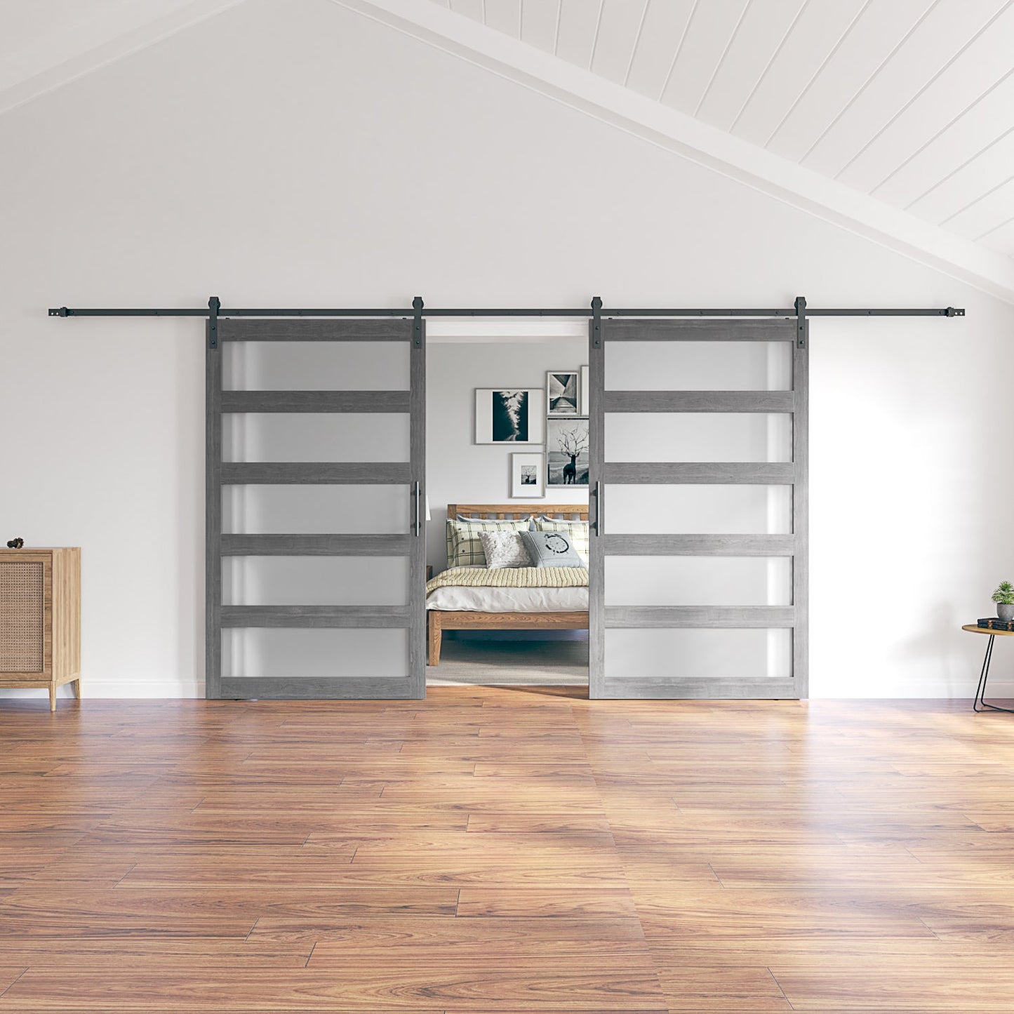 Coast Sequoia 30in/36in/42in/60in/72in/84in Paneled Frosted Glass White/Gray PVC Sliding Barn Door with Hardware Kit