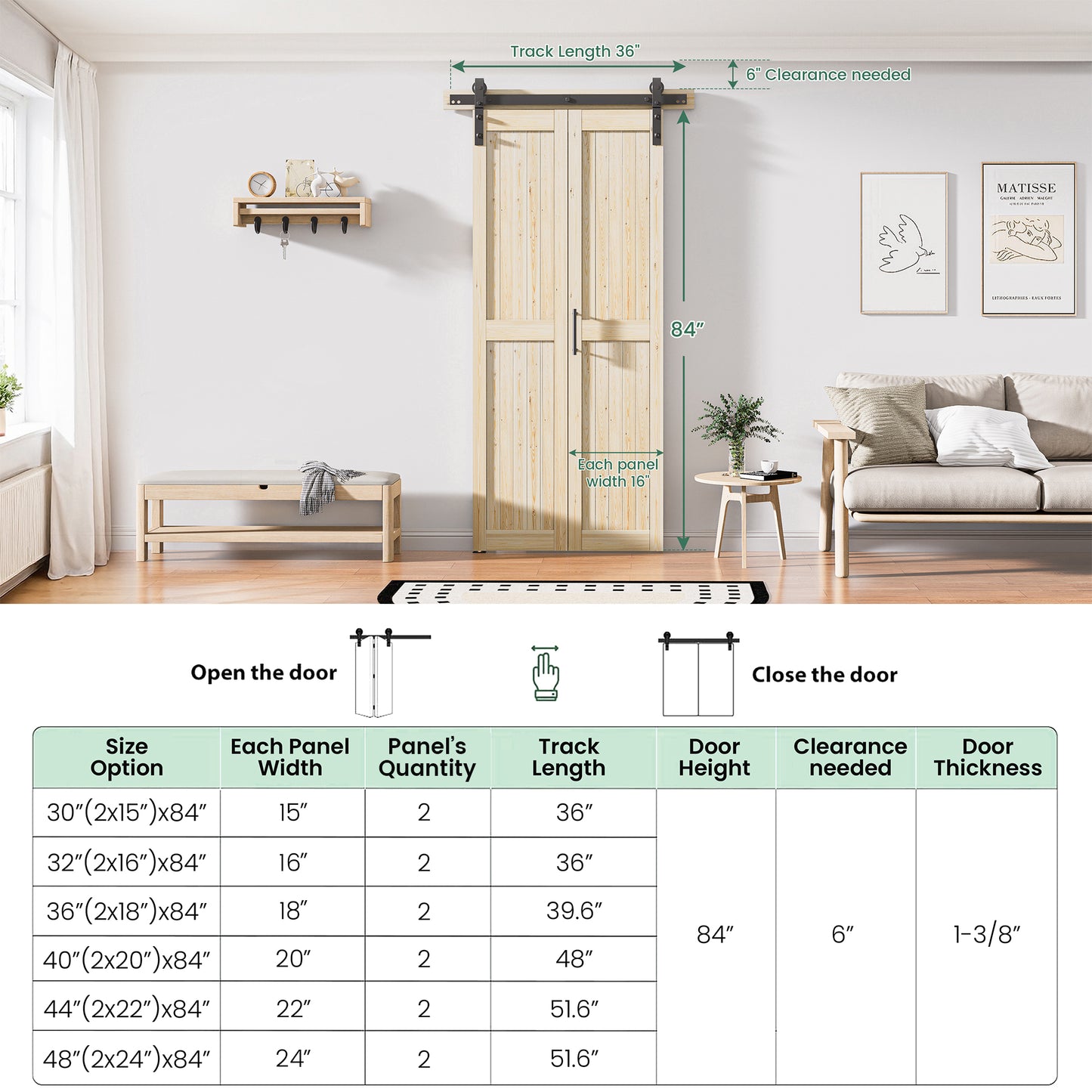 30in./36in./40in./44in./48in. x 84in. Assembled Knotty Pine Wood Bi-Fold Door with Hardware
