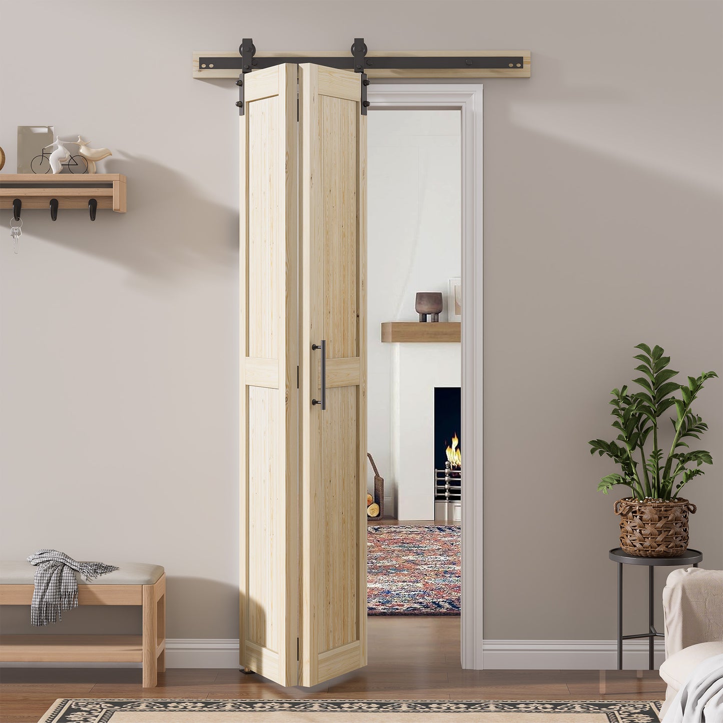 30in./36in./40in./44in./48in. x 84in. Assembled Knotty Pine Wood Bi-Fold Door with Hardware
