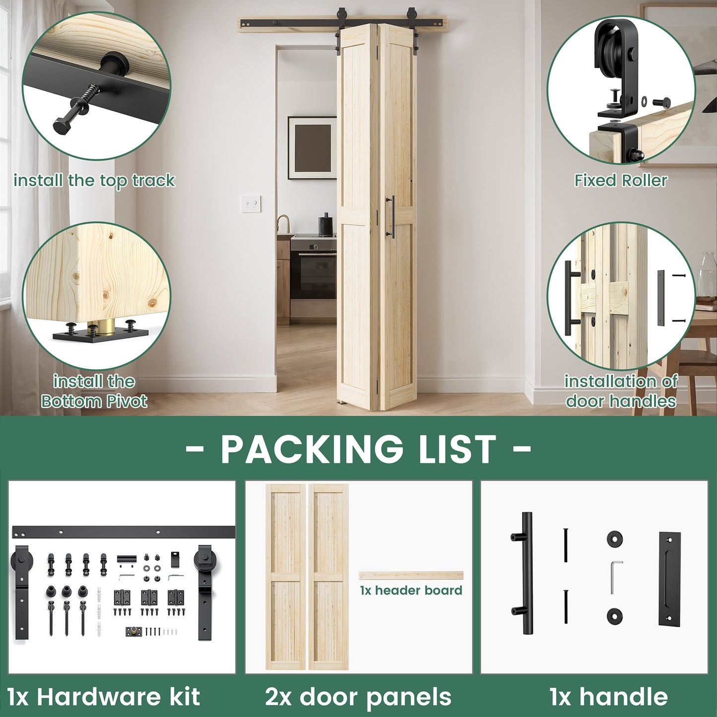 30in./36in./40in./44in./48in. x 84in. Assembled Knotty Pine Wood Bi-Fold Door with Hardware
