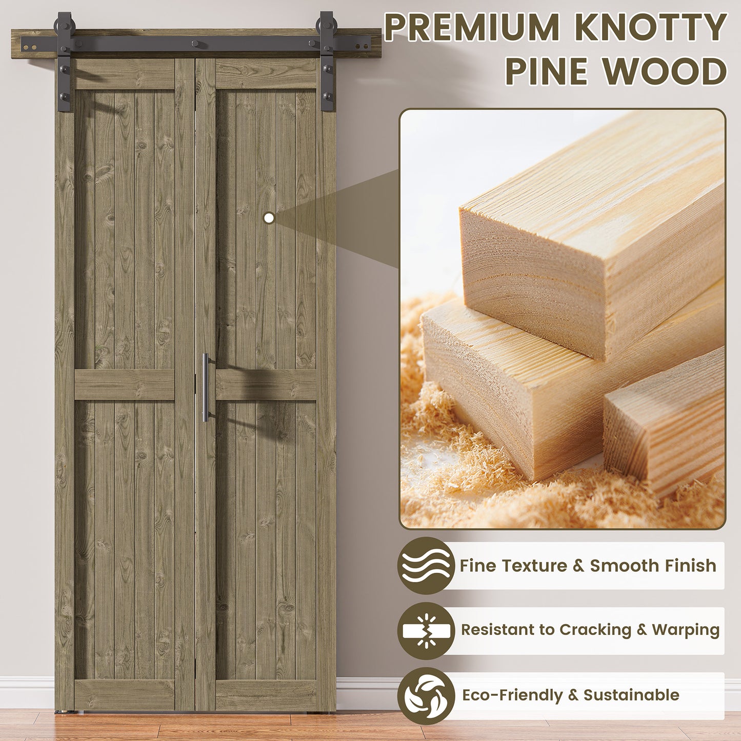 30in./36in./40in./44in./48in. x 84in. Assembled Knotty Pine Wood Bi-Fold Door with Hardware