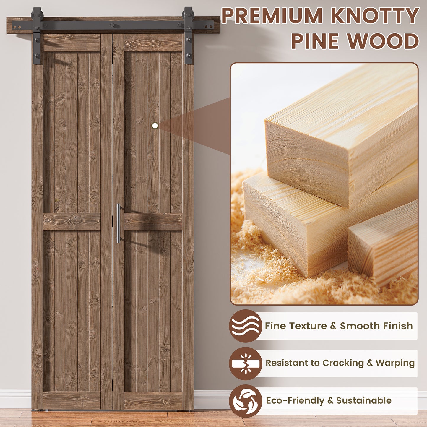 30in./36in./40in./44in./48in. x 84in. Assembled Knotty Pine Wood Bi-Fold Door with Hardware