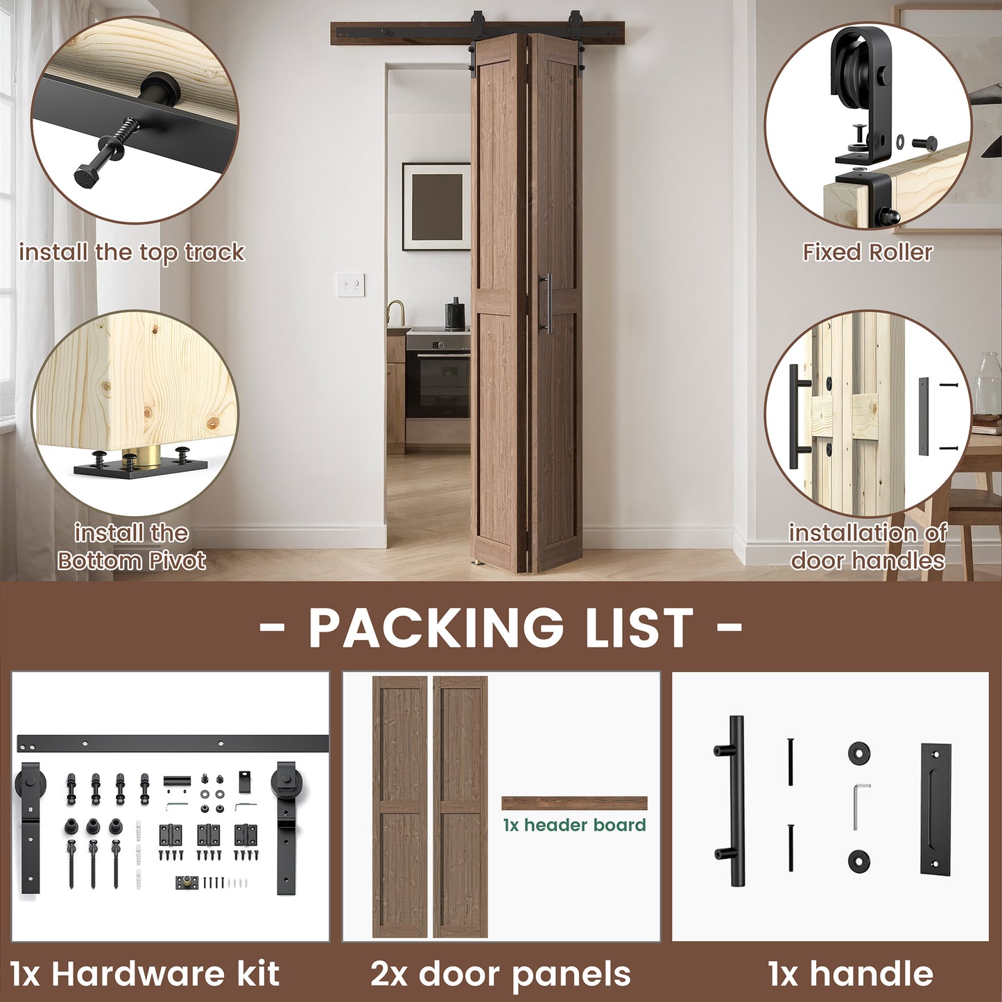 30in./36in./40in./44in./48in. x 84in. Assembled Knotty Pine Wood Bi-Fold Door with Hardware