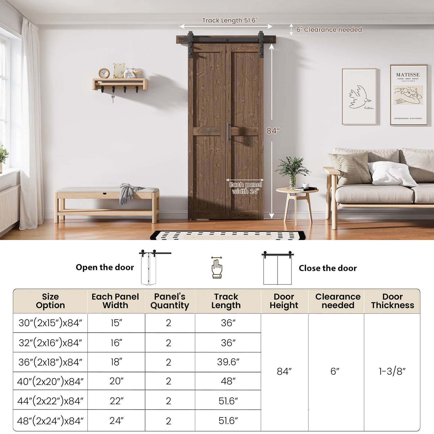 30in./36in./40in./44in./48in. x 84in. Assembled Knotty Pine Wood Bi-Fold Door with Hardware