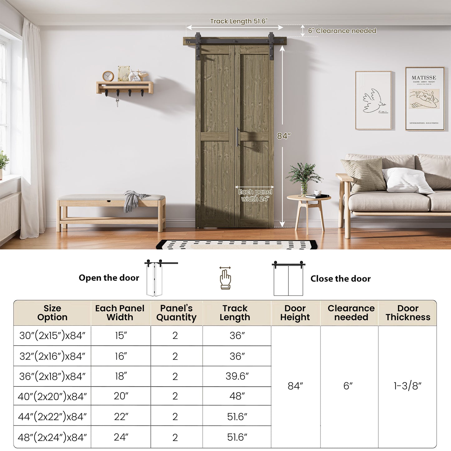30in./36in./40in./44in./48in. x 84in. Assembled Knotty Pine Wood Bi-Fold Door with Hardware