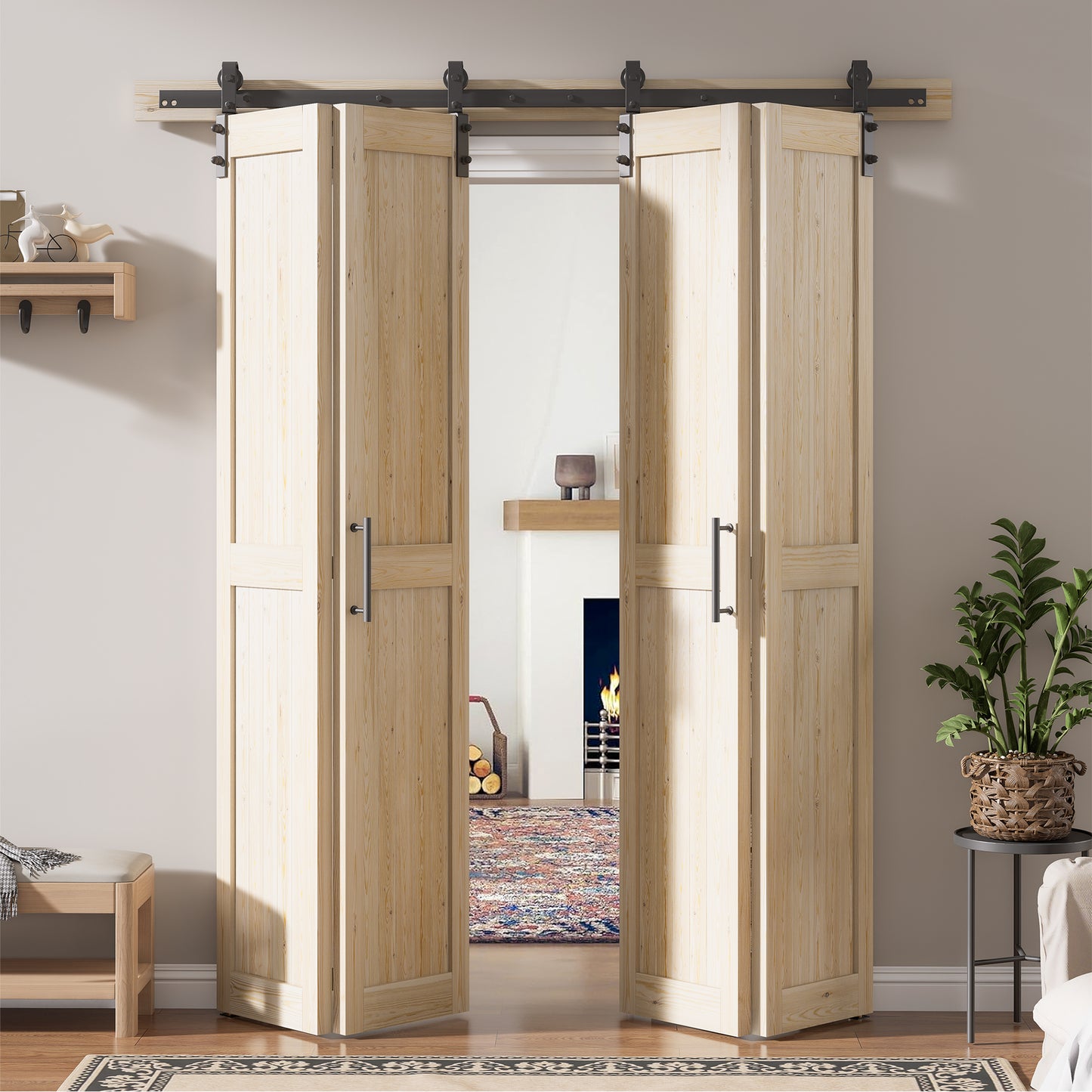 30in./36in./40in./44in./48in. x 84in. Assembled Knotty Pine Wood Bi-Fold Door with Hardware