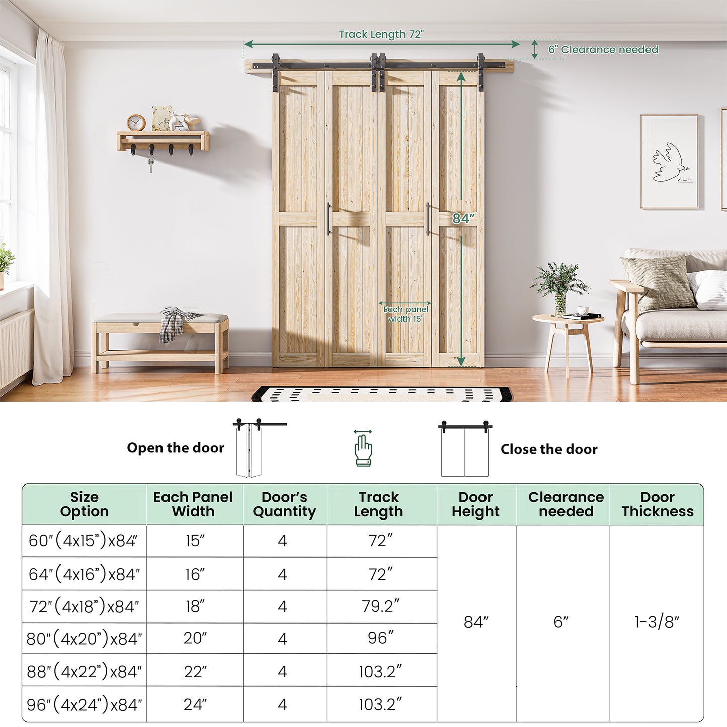 30in./36in./40in./44in./48in. x 84in. Assembled Knotty Pine Wood Bi-Fold Door with Hardware