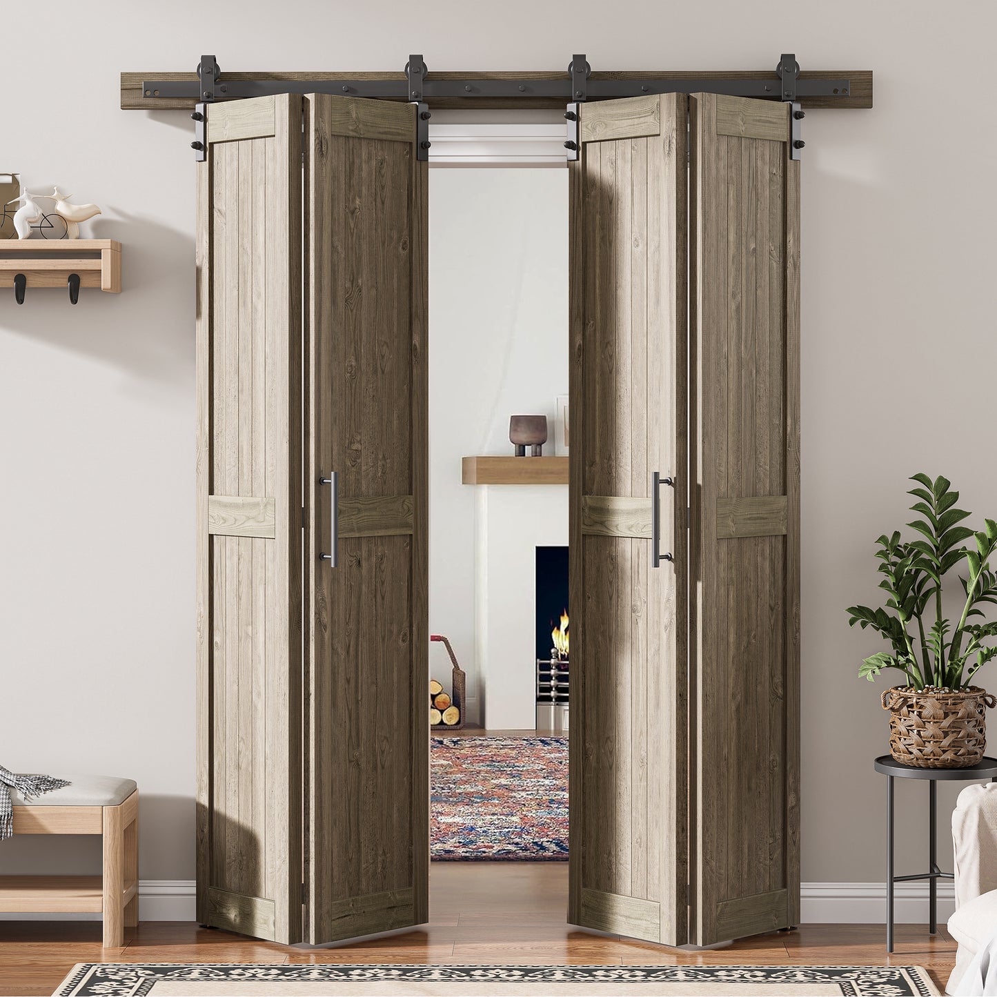 30in./36in./40in./44in./48in. x 84in. Assembled Knotty Pine Wood Bi-Fold Door with Hardware