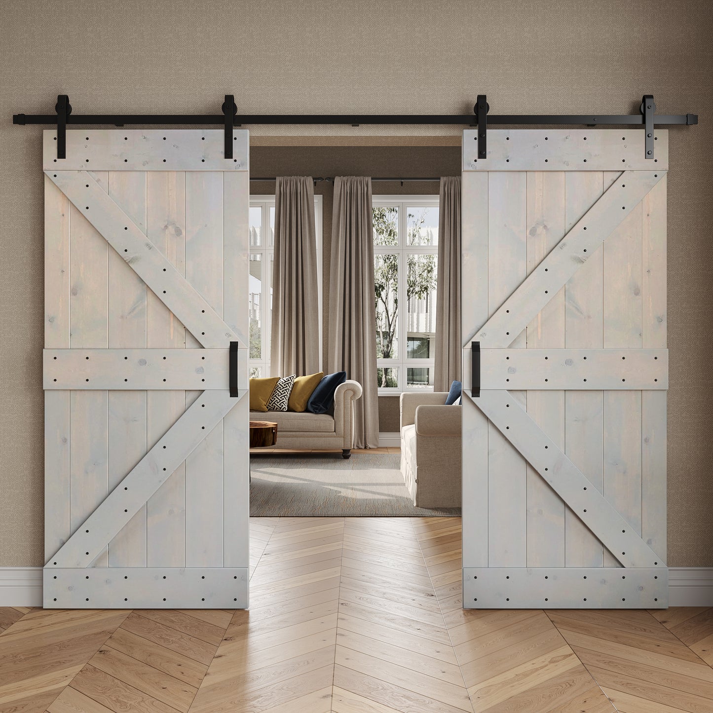 K Series 48 in/60 in/72 in/84 in x 84 in DIY Finished Knotty Pine Wood Double Sliding Barn Door With Hardware Kit