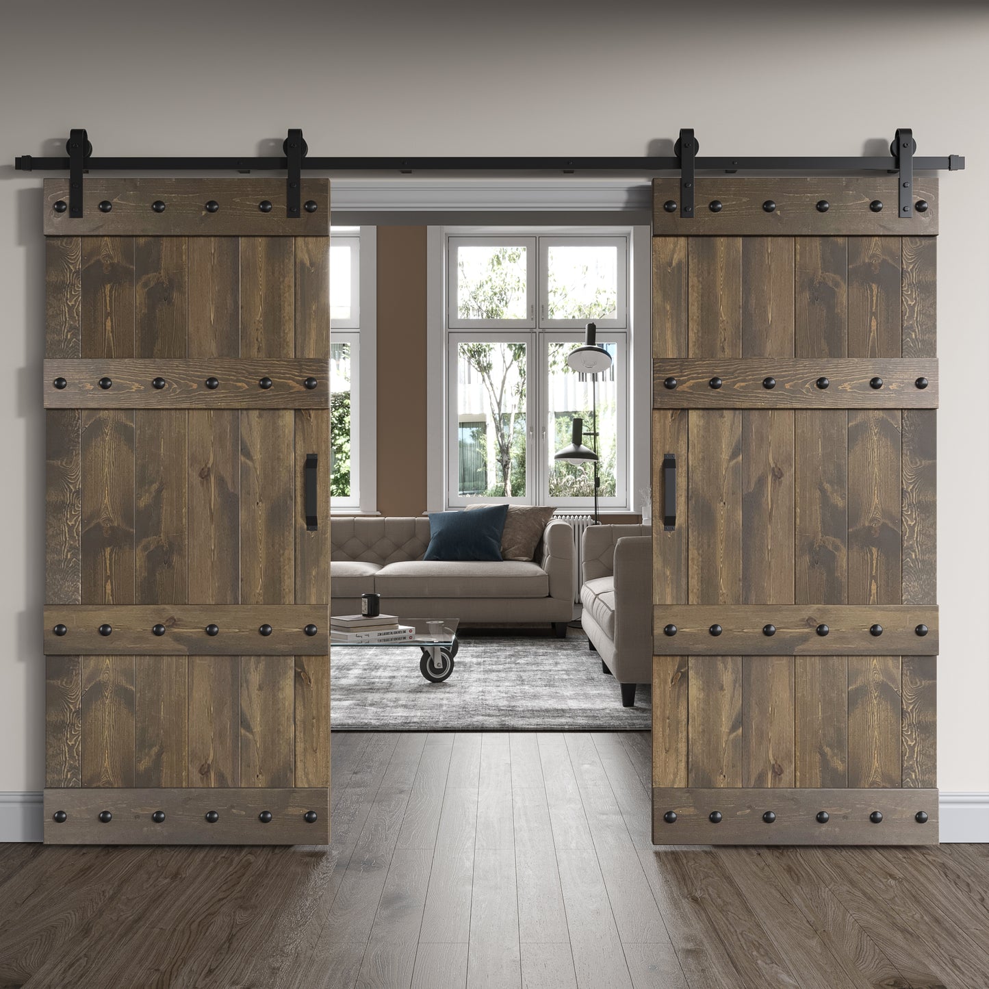 Castle Series 48in/60in/72in/84in x 84 in DIY Finished Knotty Pine Wood Double Sliding Barn Door With Hardware Kit