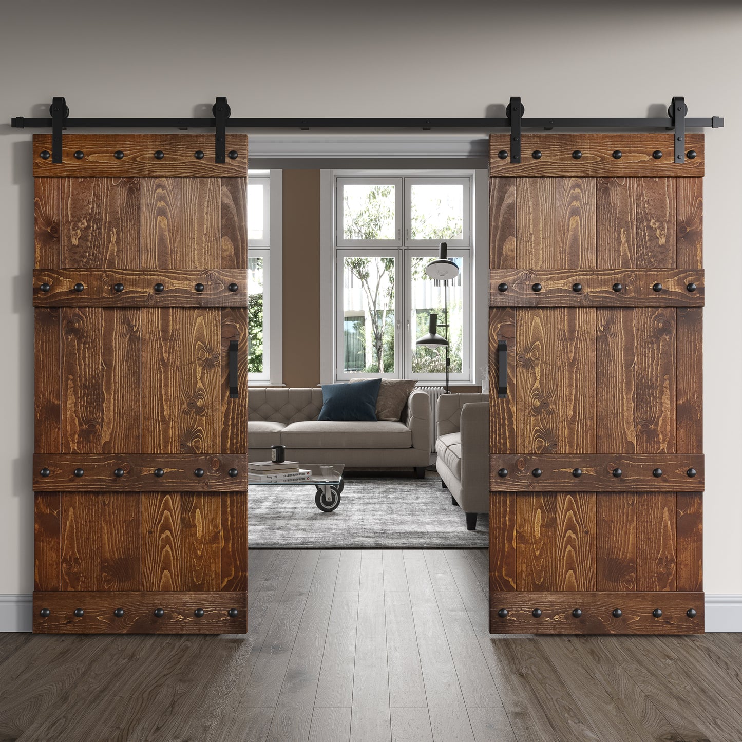 Castle Series 48in/60in/72in/84in x 84 in DIY Finished Knotty Pine Wood Double Sliding Barn Door With Hardware Kit