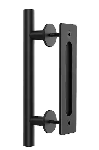 12 in. L Modern Rustic Black Satin Nickel Sliding Barn Door Handle Pull and Flush Hardware Set