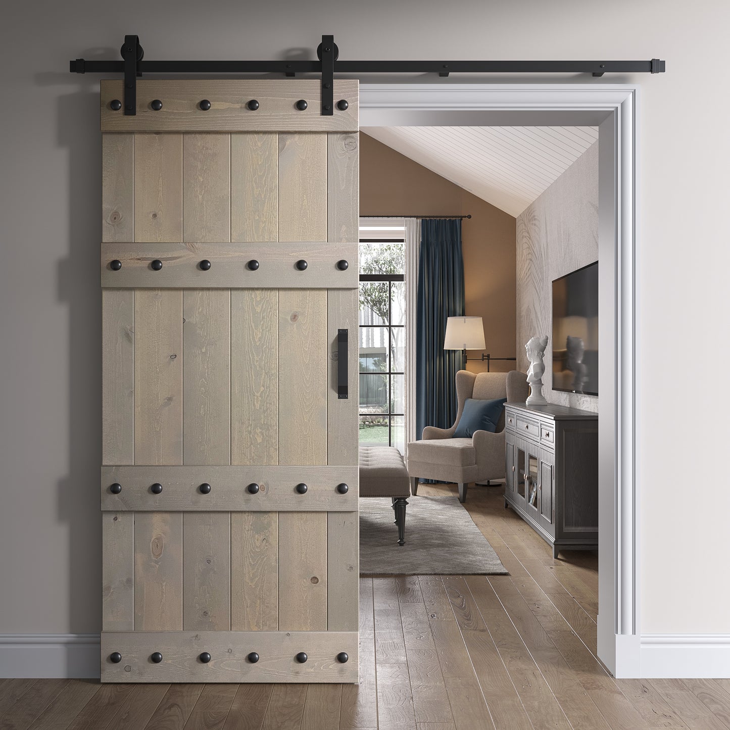 Castle Series 24in/30in/36in/42in x 84 in Finished Knotty Pine Wood Sliding Barn Door With Hardware Kit