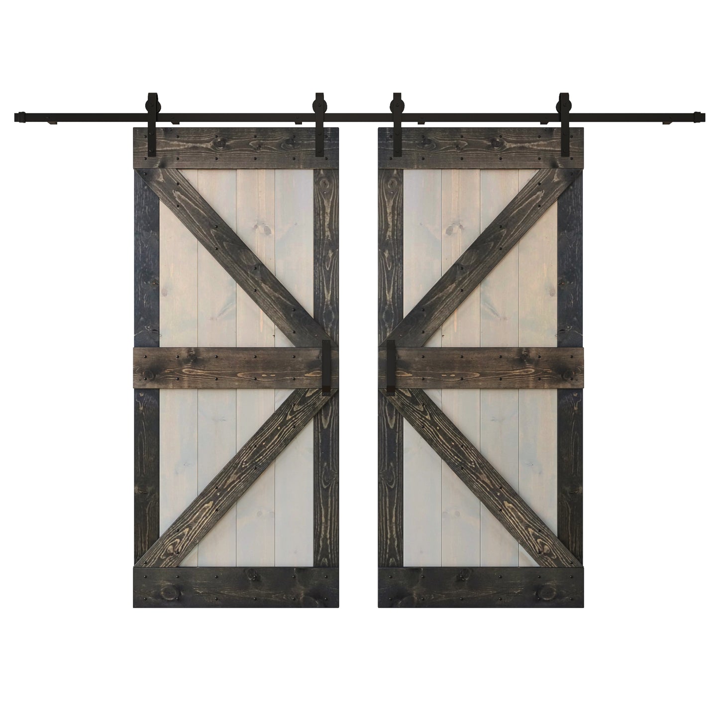 K Series 48in/60in/72in/84in x 84 in Finished Muti-Color Knotty Pine Wood Double Sliding Barn Door with Hardware Kit