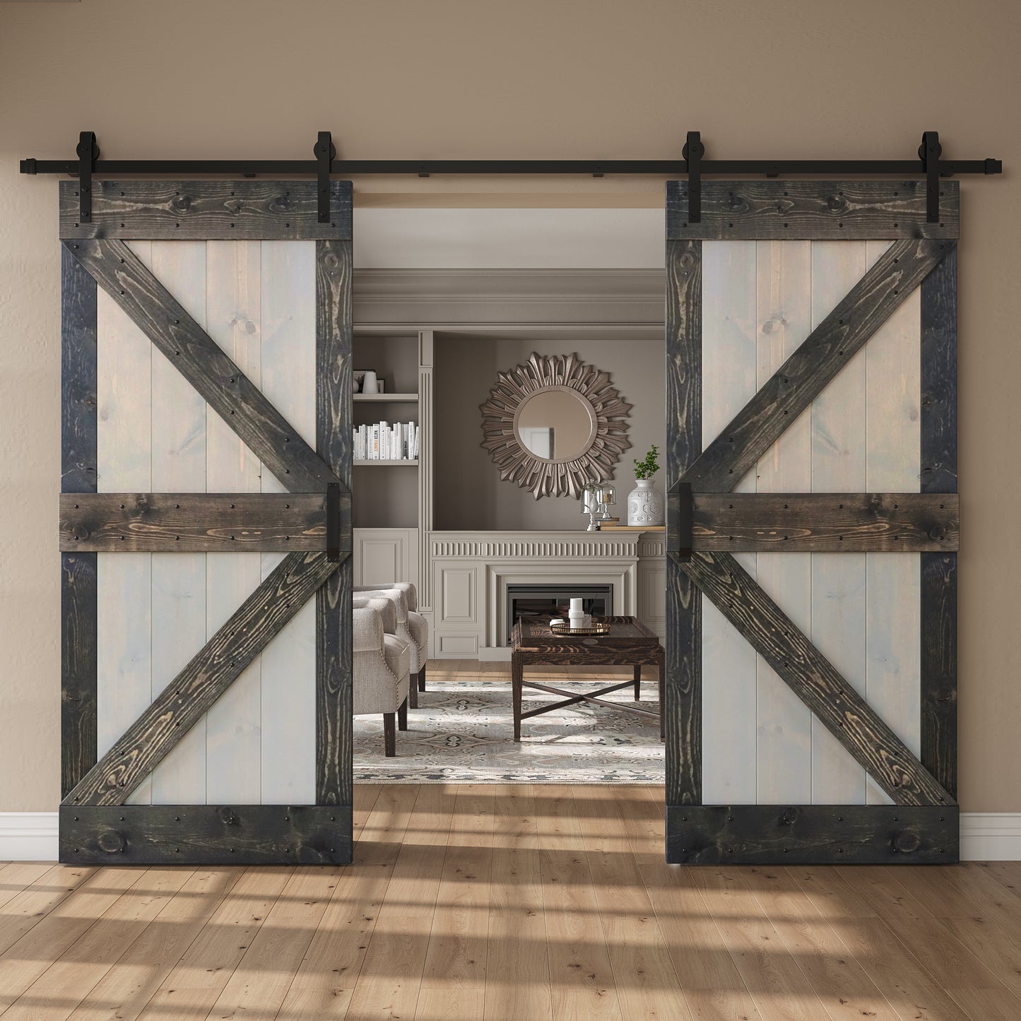 K Series 48in/60in/72in/84in x 84 in Finished Muti-Color Knotty Pine Wood Double Sliding Barn Door with Hardware Kit