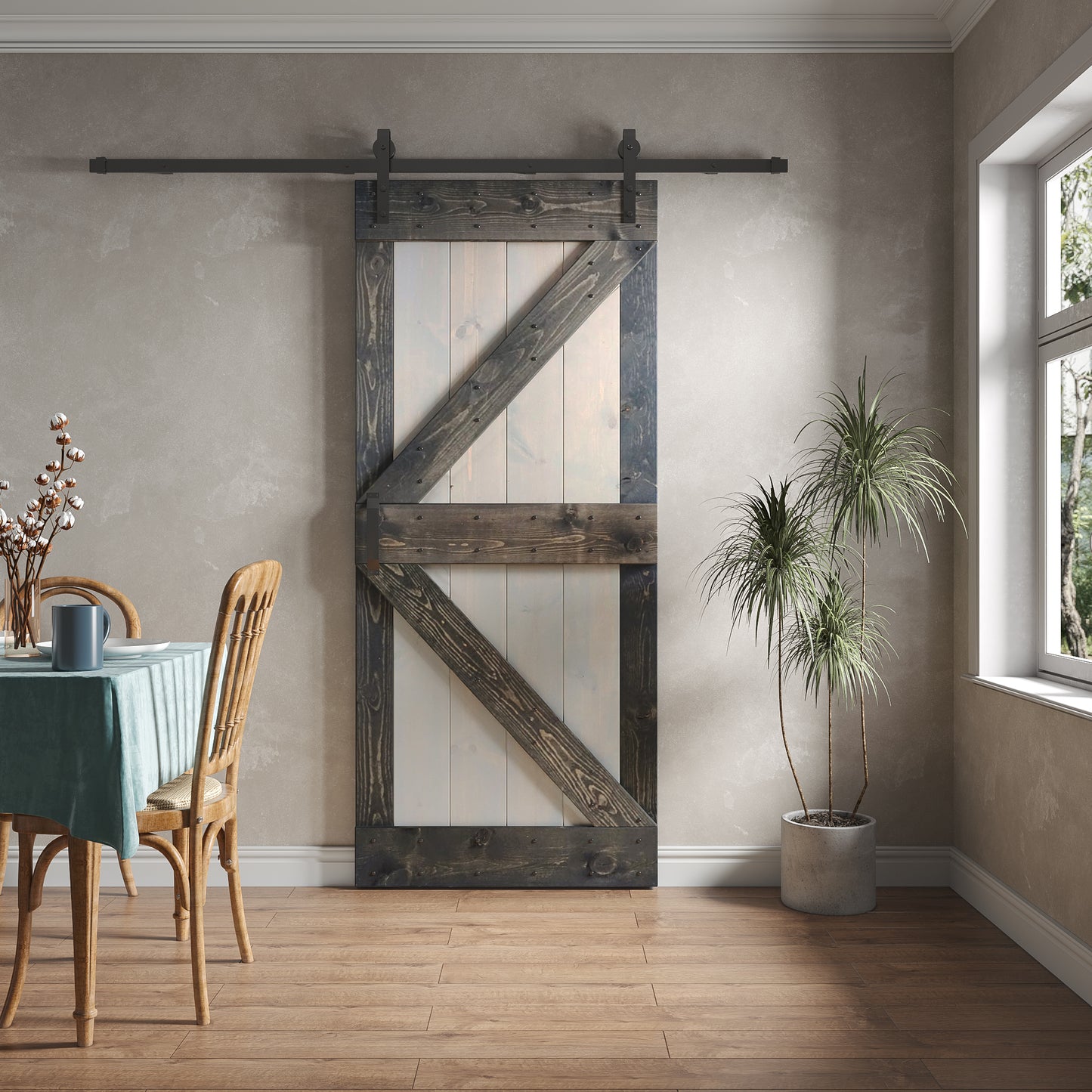 K Series 24in/30in/36in/42in. x 84 in Finished Mix-Color Knotty Pine Wood Sliding Barn Door With Hardware Kit