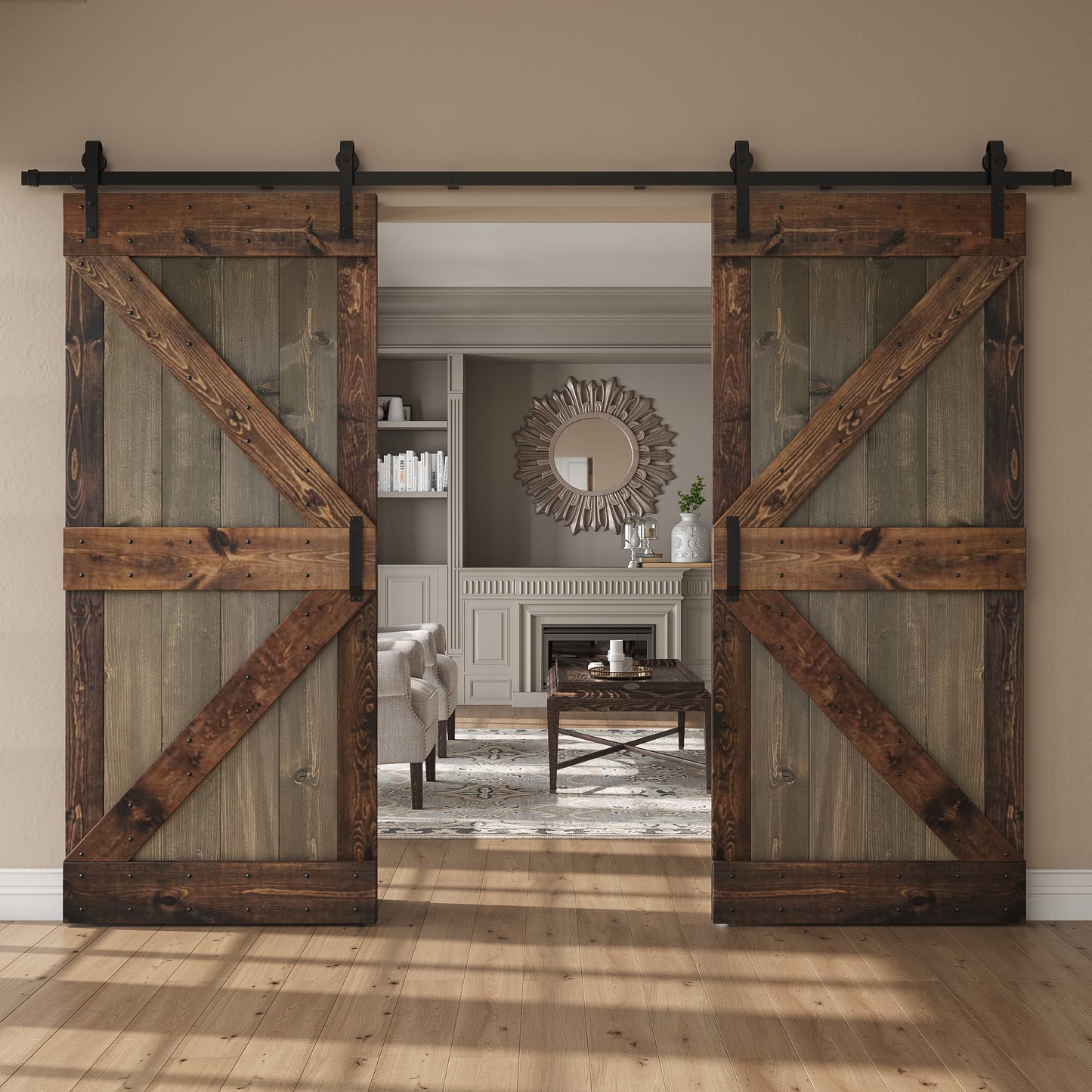 K Series 48in/60in/72in/84in x 84 in Finished Muti-Color Knotty Pine Wood Double Sliding Barn Door with Hardware Kit