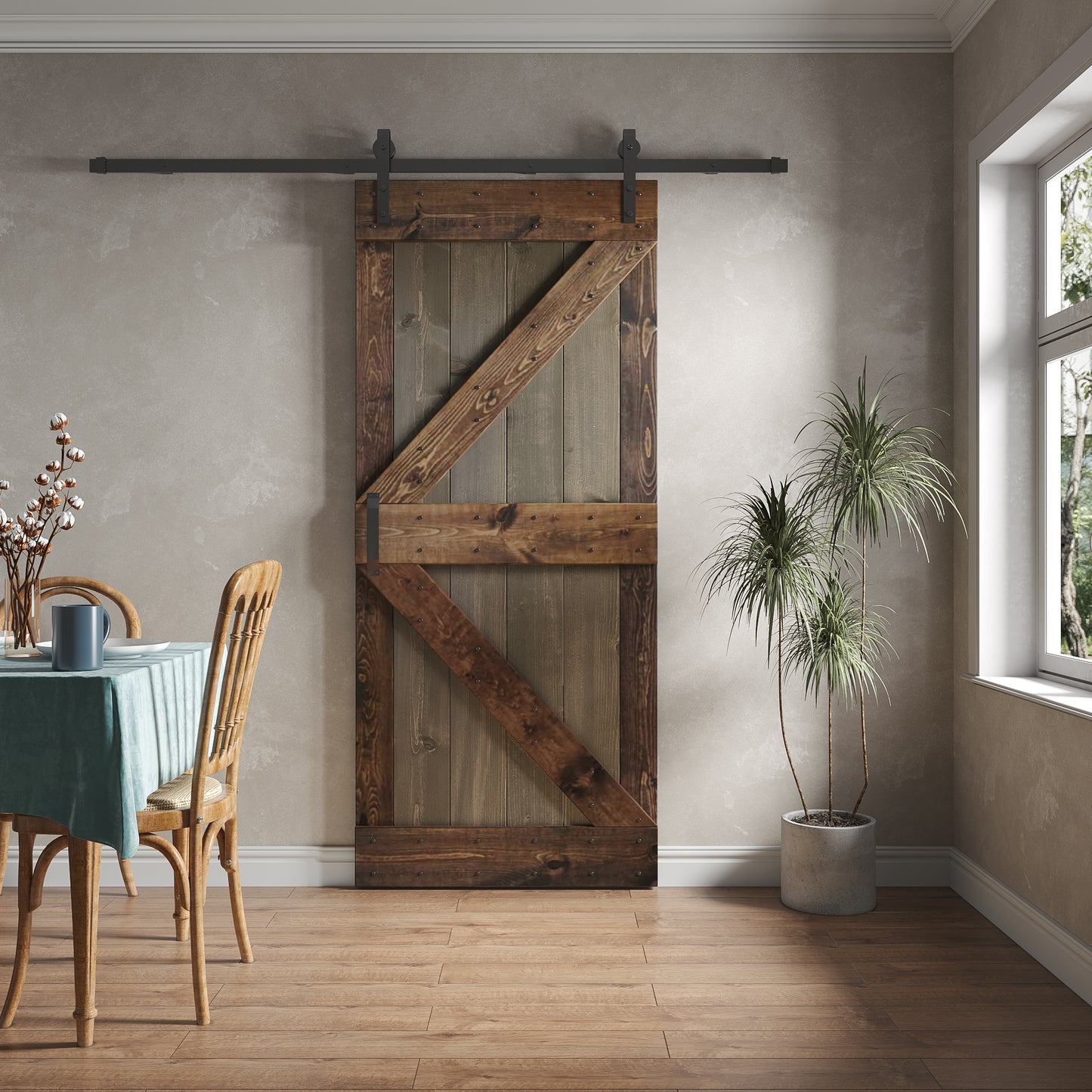 K Series 24in/30in/36in/42in. x 84 in Finished Mix-Color Knotty Pine Wood Sliding Barn Door With Hardware Kit