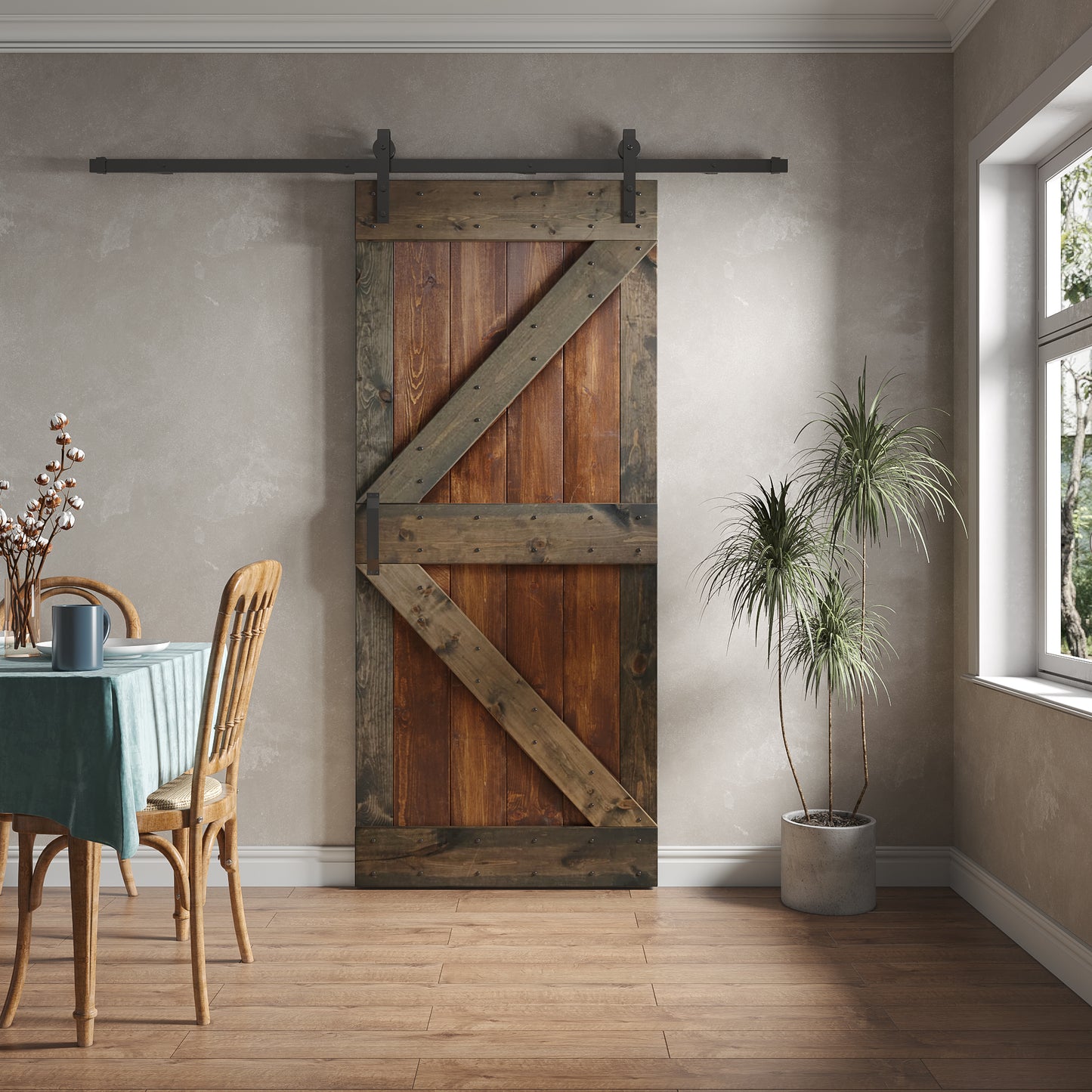 K Series 24in/30in/36in/42in. x 84 in Finished Mix-Color Knotty Pine Wood Sliding Barn Door With Hardware Kit