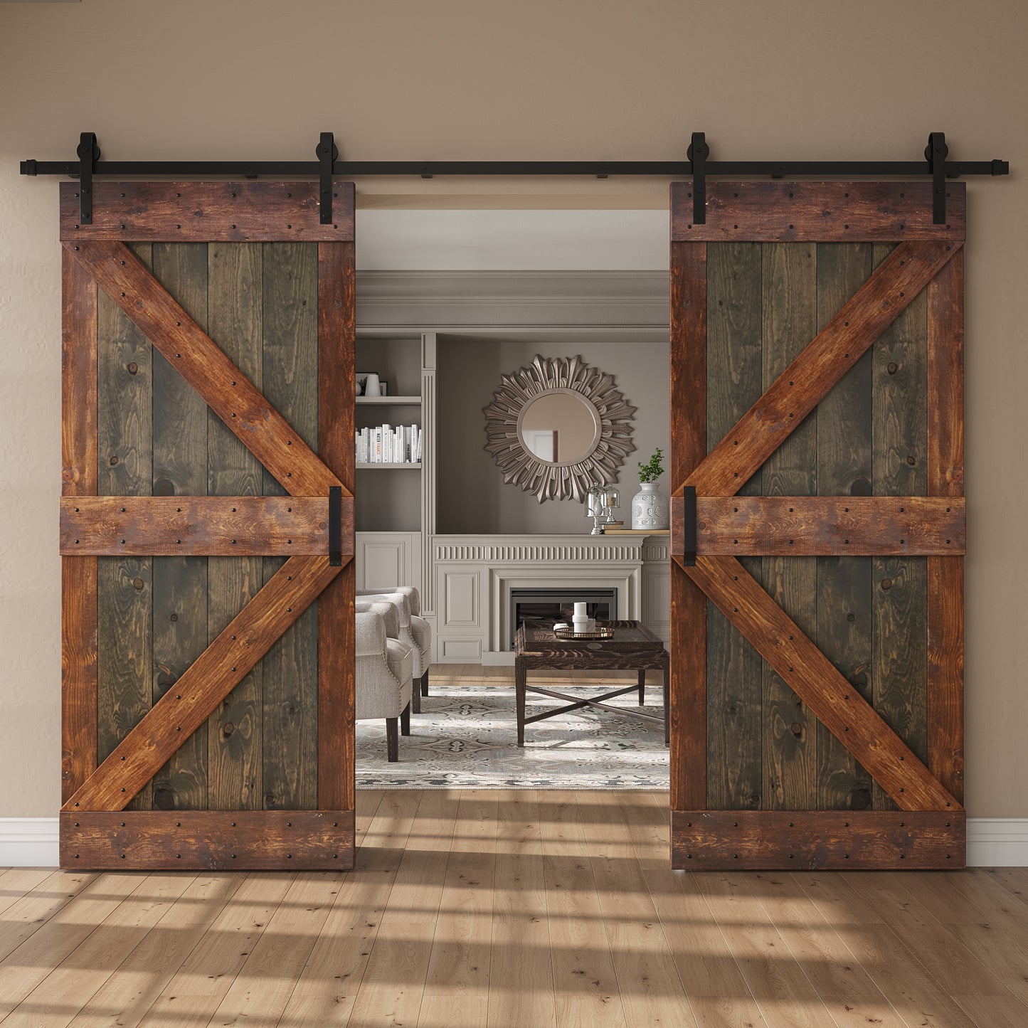 K Series 48in/60in/72in/84in x 84 in Finished Muti-Color Knotty Pine Wood Double Sliding Barn Door with Hardware Kit