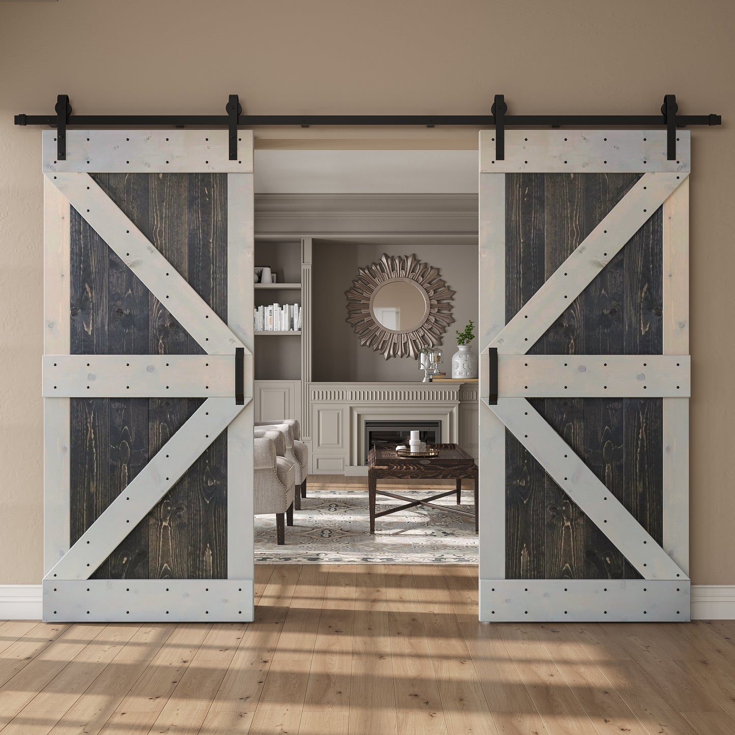 K Series 48in/60in/72in/84in x 84 in Finished Muti-Color Knotty Pine Wood Double Sliding Barn Door with Hardware Kit