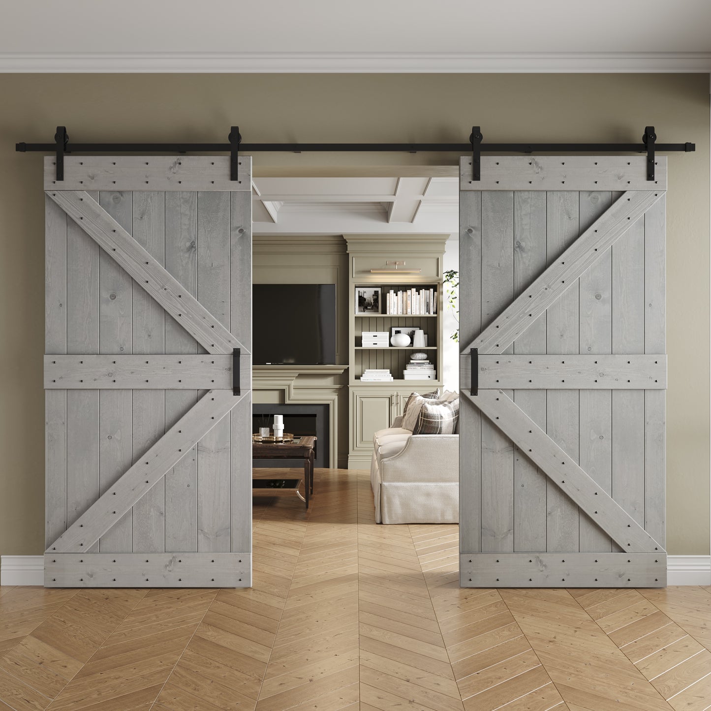 K Series 48 in/60 in/72 in/84 in x 84 in DIY Finished Knotty Pine Wood Double Sliding Barn Door With Hardware Kit