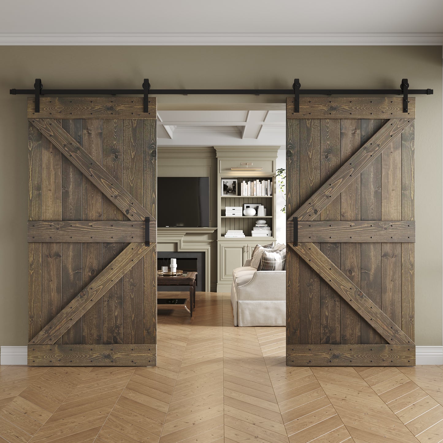 K Series 48 in/60 in/72 in/84 in x 84 in DIY Finished Knotty Pine Wood Double Sliding Barn Door With Hardware Kit