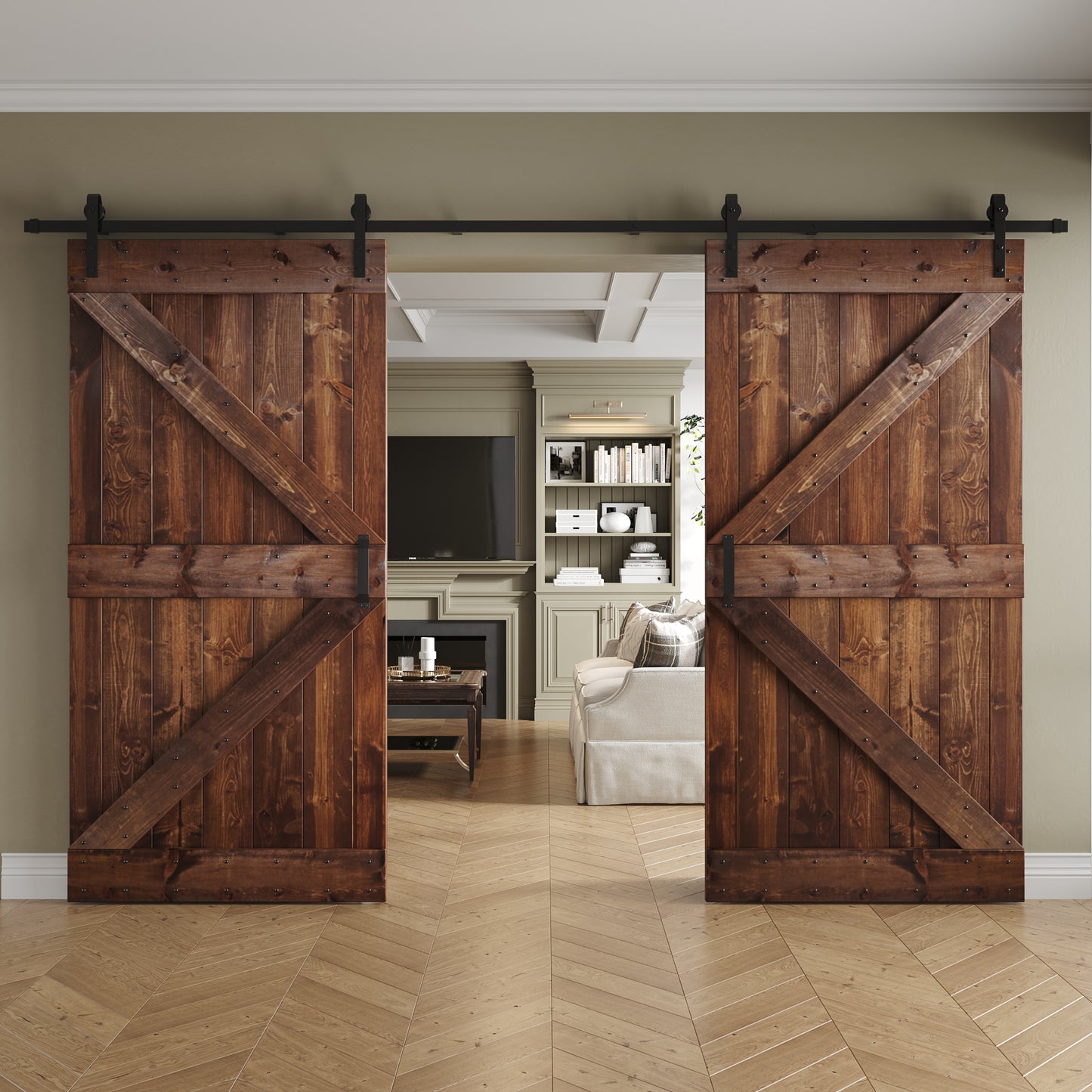 K Series 48 in/60 in/72 in/84 in x 84 in DIY Finished Knotty Pine Wood Double Sliding Barn Door With Hardware Kit