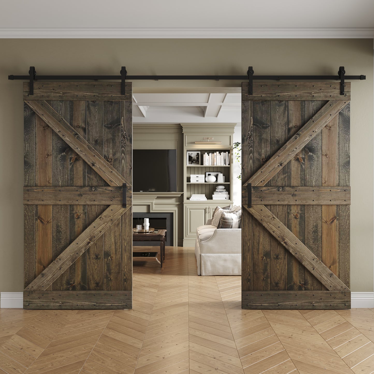K Series 48 in/60 in/72 in/84 in x 84 in DIY Finished Knotty Pine Wood Double Sliding Barn Door With Hardware Kit