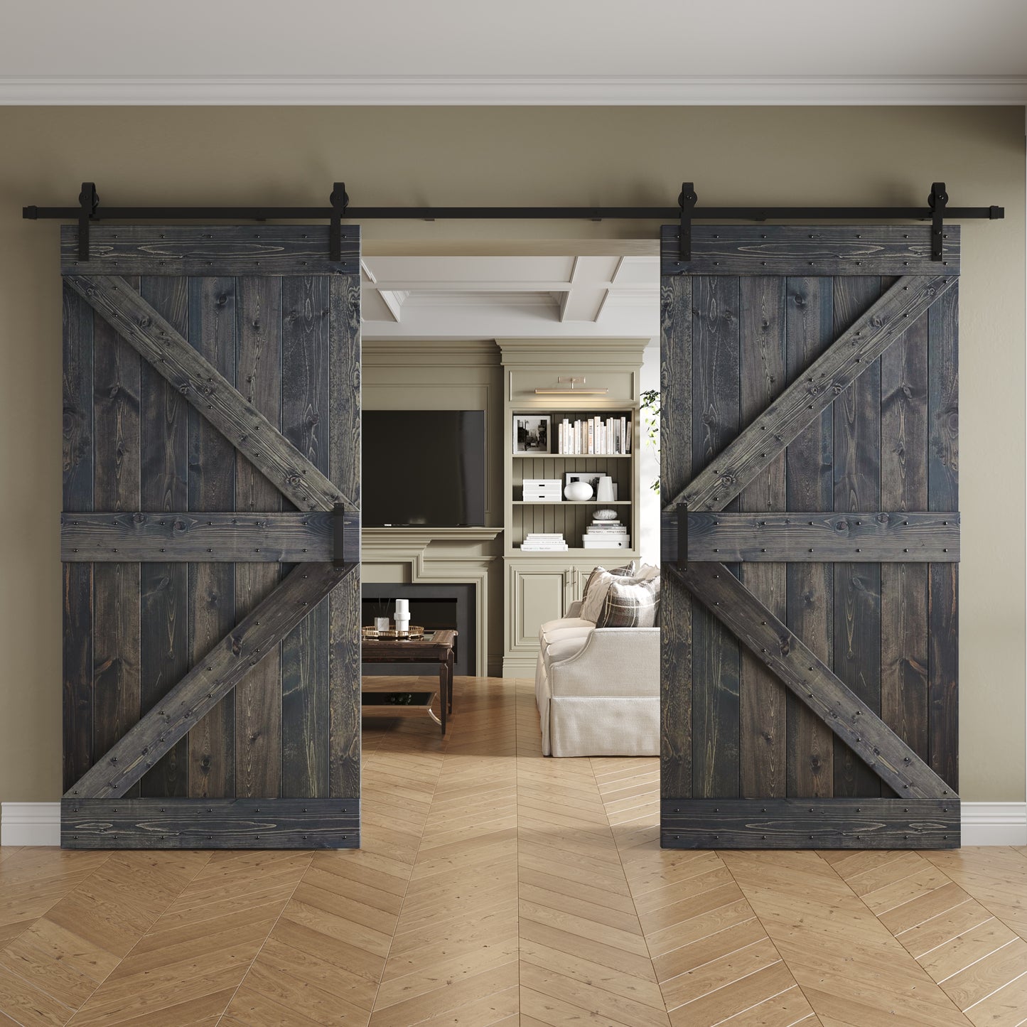 K Series 48 in/60 in/72 in/84 in x 84 in DIY Finished Knotty Pine Wood Double Sliding Barn Door With Hardware Kit