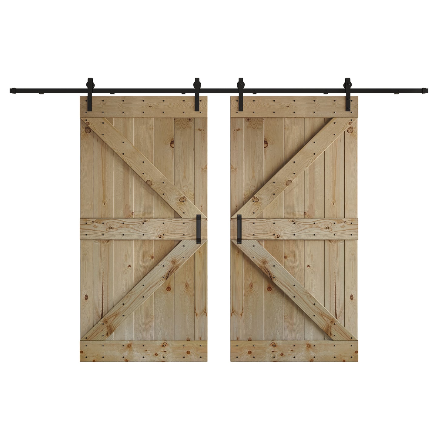 K Series 48 in/60 in/72 in/84 in x 84 in DIY Finished Knotty Pine Wood Double Sliding Barn Door With Hardware Kit