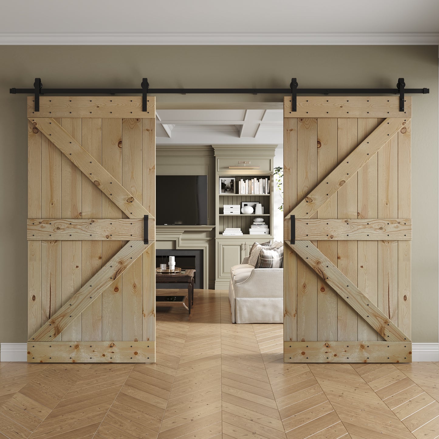 K Series 48 in/60 in/72 in/84 in x 84 in DIY Finished Knotty Pine Wood Double Sliding Barn Door With Hardware Kit