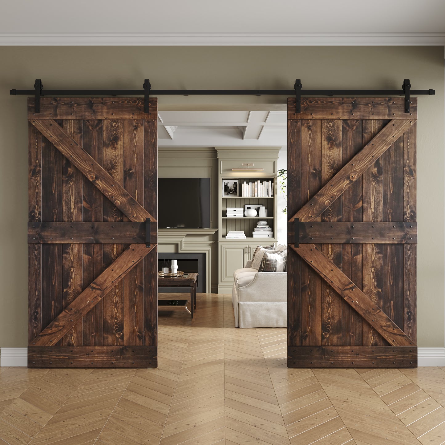 K Series 48 in/60 in/72 in/84 in x 84 in DIY Finished Knotty Pine Wood Double Sliding Barn Door With Hardware Kit