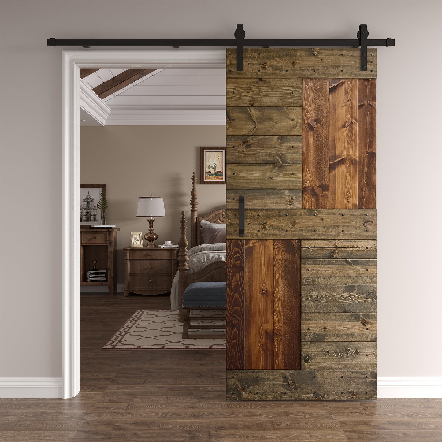 S Series 24in/30in/36in/42in x 84 in Finished Knotty Pine Wood Sliding Barn Door With Hardware Kit