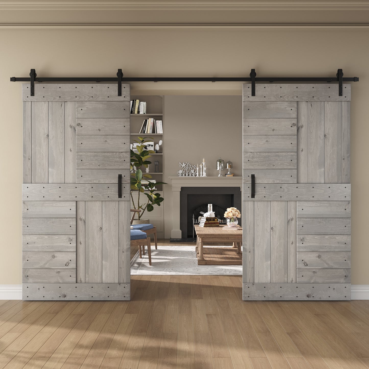 S Series 48 in/60 in/72 in/84 in x 84 in DIY Finished Knotty Pine Wood Double Sliding Barn Door With Hardware Kit