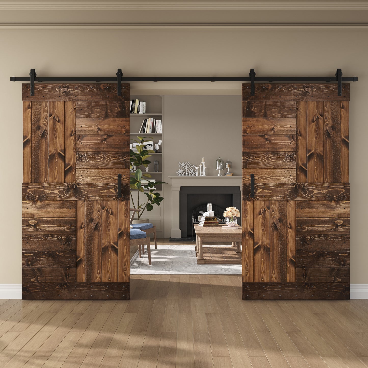 S Series 48 in/60 in/72 in/84 in x 84 in DIY Finished Knotty Pine Wood Double Sliding Barn Door With Hardware Kit