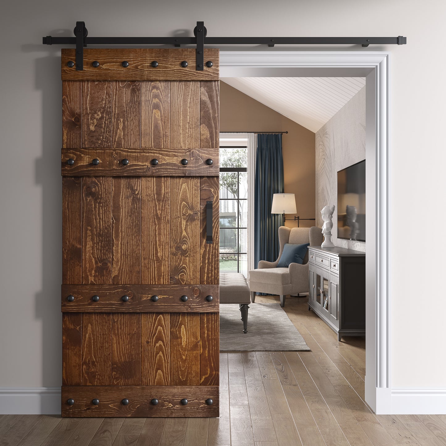 Castle Series 24in/30in/36in/42in x 84 in Finished Knotty Pine Wood Sliding Barn Door With Hardware Kit