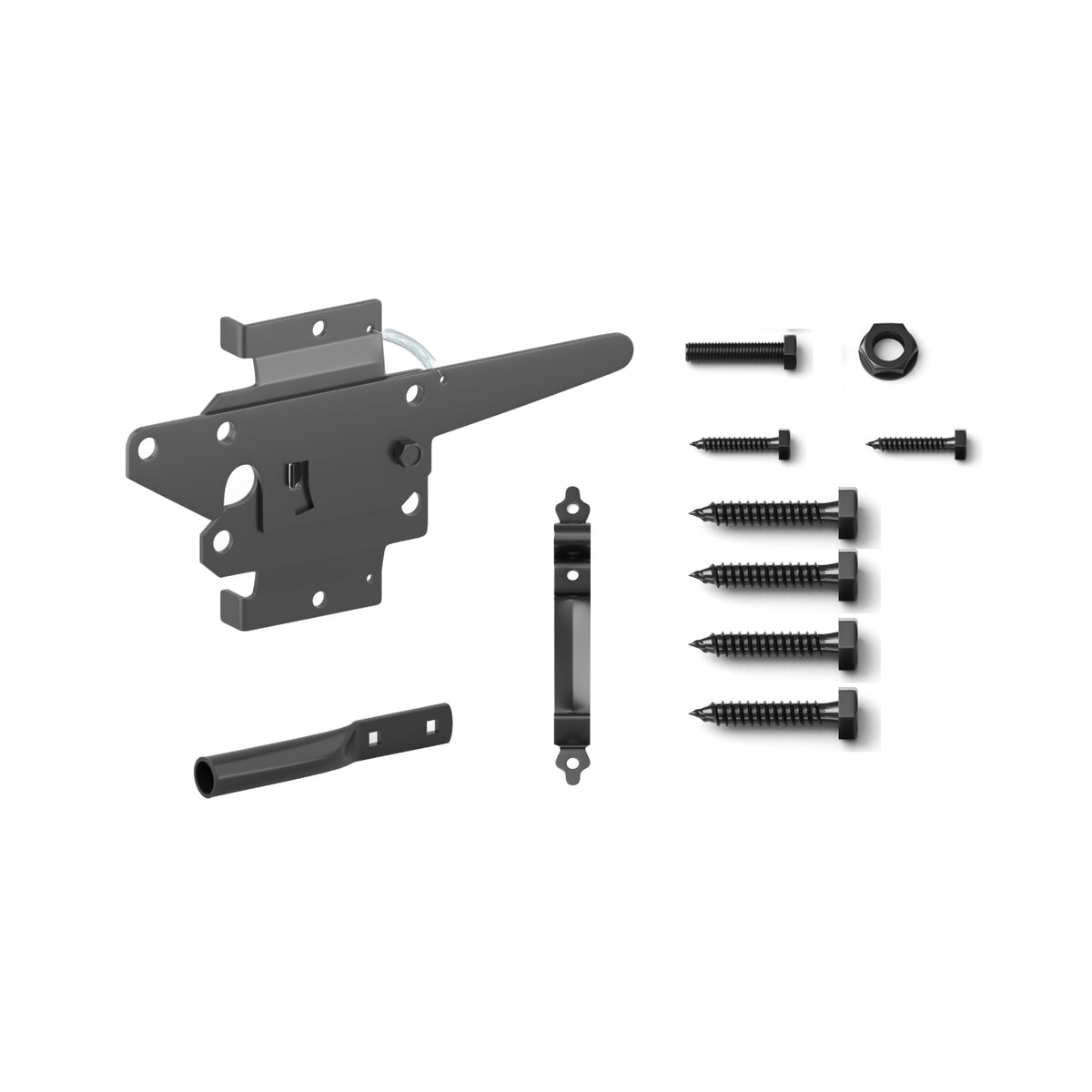 Black gate latch kit with striker bar, pull handle, screws, bolt and nut laid out separately