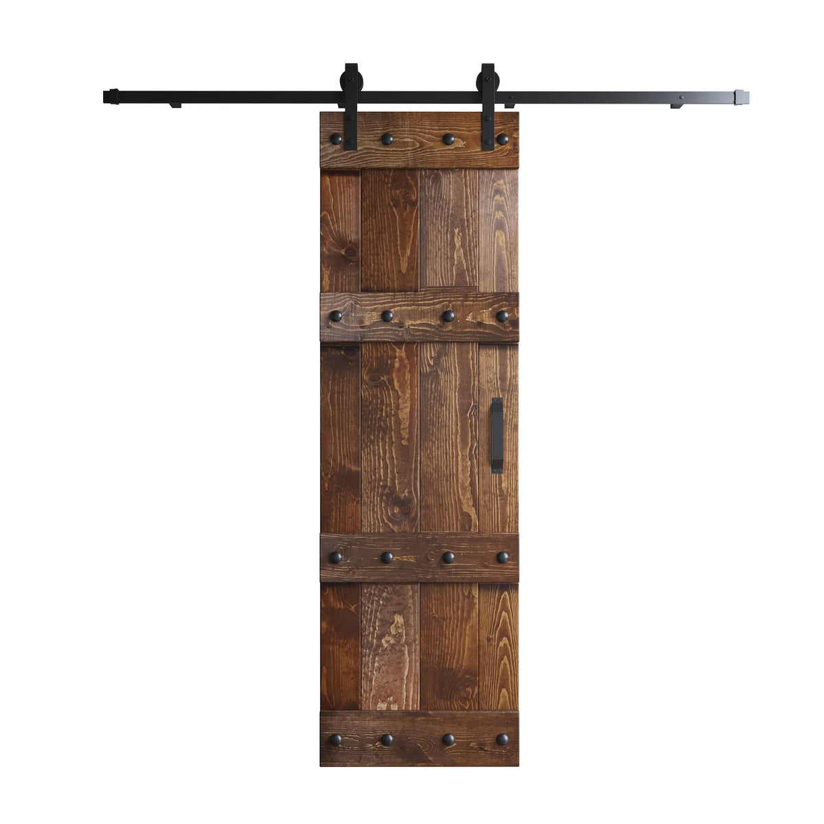 Narrow brown Castle Series barn door with studded rails and black pull handle