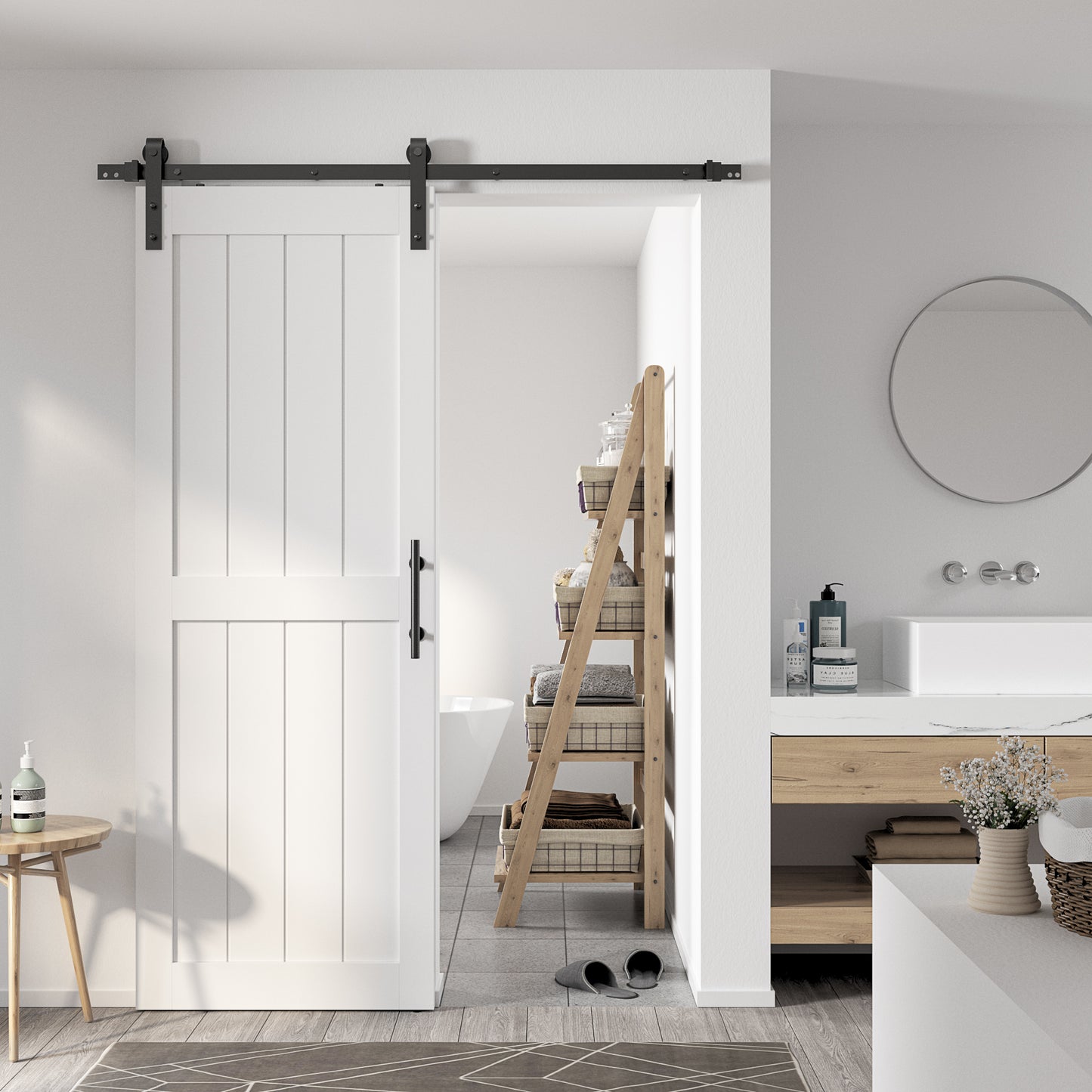 30in./32in./36in./42in./48in./60in./64in./72in./84in./96in.x 84in.MDF Barn Door With Sliding Hardware Kit ,Covered with Water-Proof PVC Surface, White/Gray, H-Frame