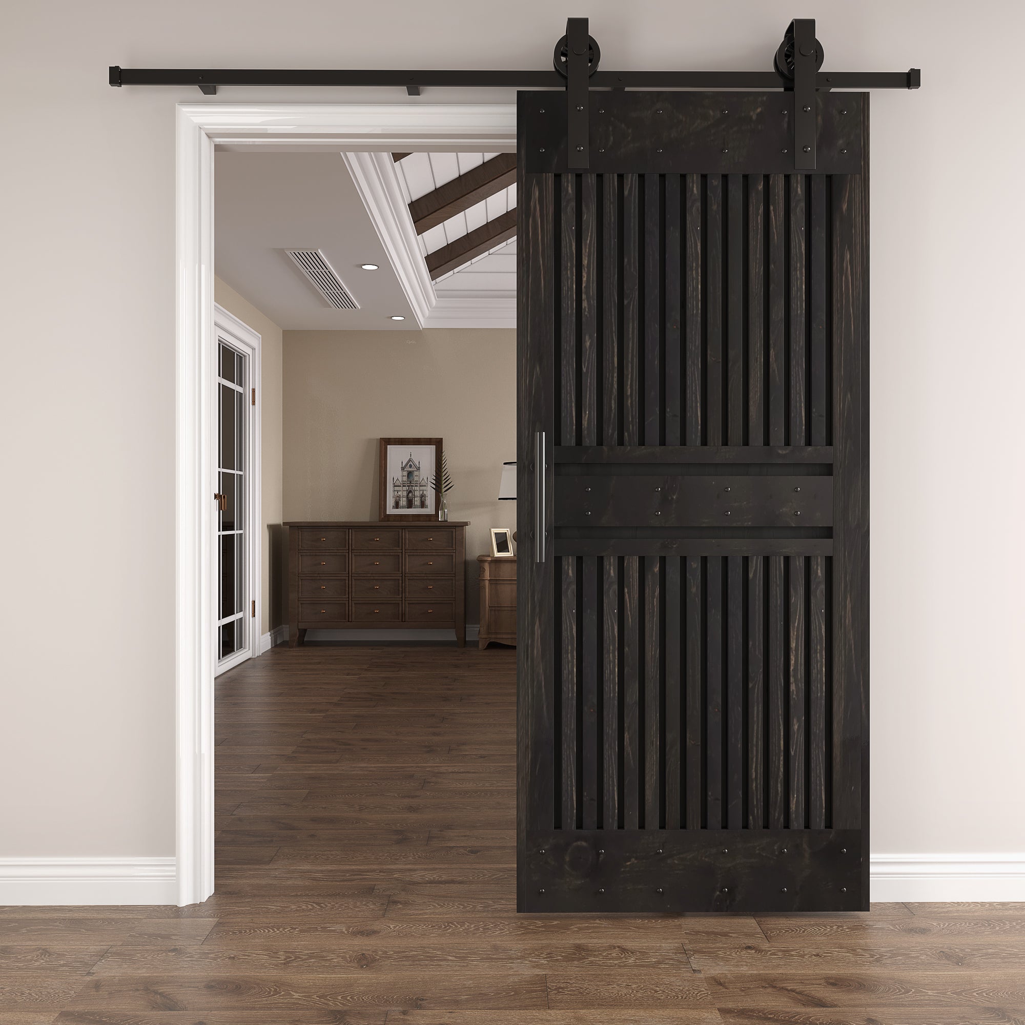 36in. x 84.in Half Grille Screwed Design Embossing Knotty Wood Sliding Barn Door With Hardware Kit