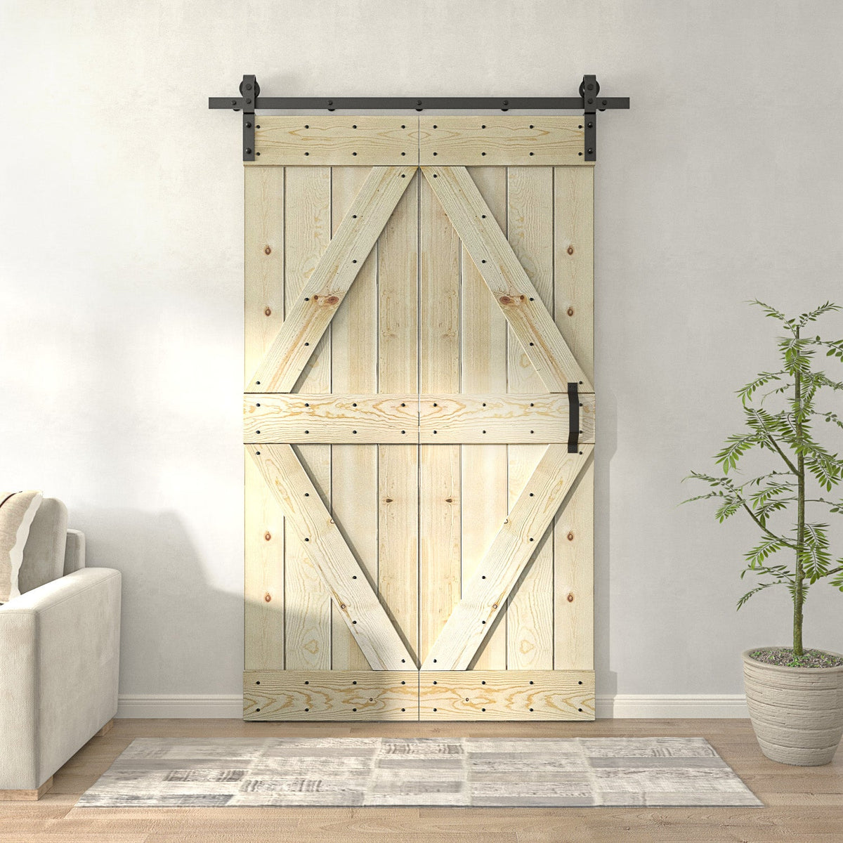 Closed light knotty pine embossed bi-fold barn door with diamond-shaped diagonal braces, black handle, front view