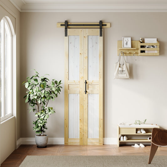 Rustic Dark Two-Tone Pine Wood No Assembly Required Bifold Sliding Barn Door with Hardware Kit