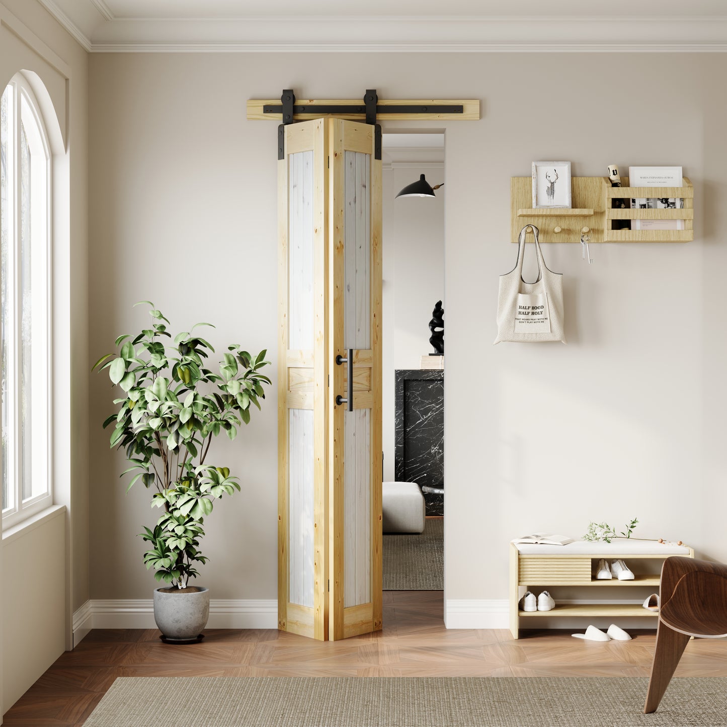 Rustic Dark Two-Tone Pine Wood No Assembly Required Bifold Sliding Barn Door with Hardware Kit