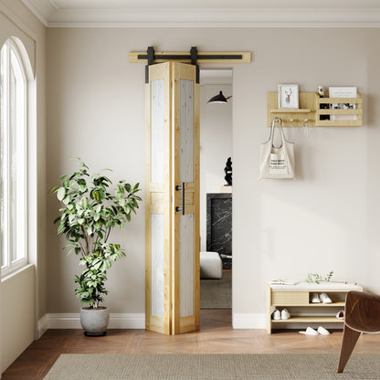 Rustic Dark Two-Tone Pine Wood No Assembly Required Bifold Sliding Barn Door with Hardware Kit