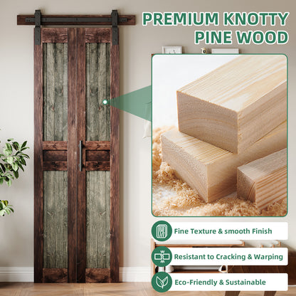 Rustic Dark Two-Tone Pine Wood No Assembly Required Bifold Sliding Barn Door with Hardware Kit