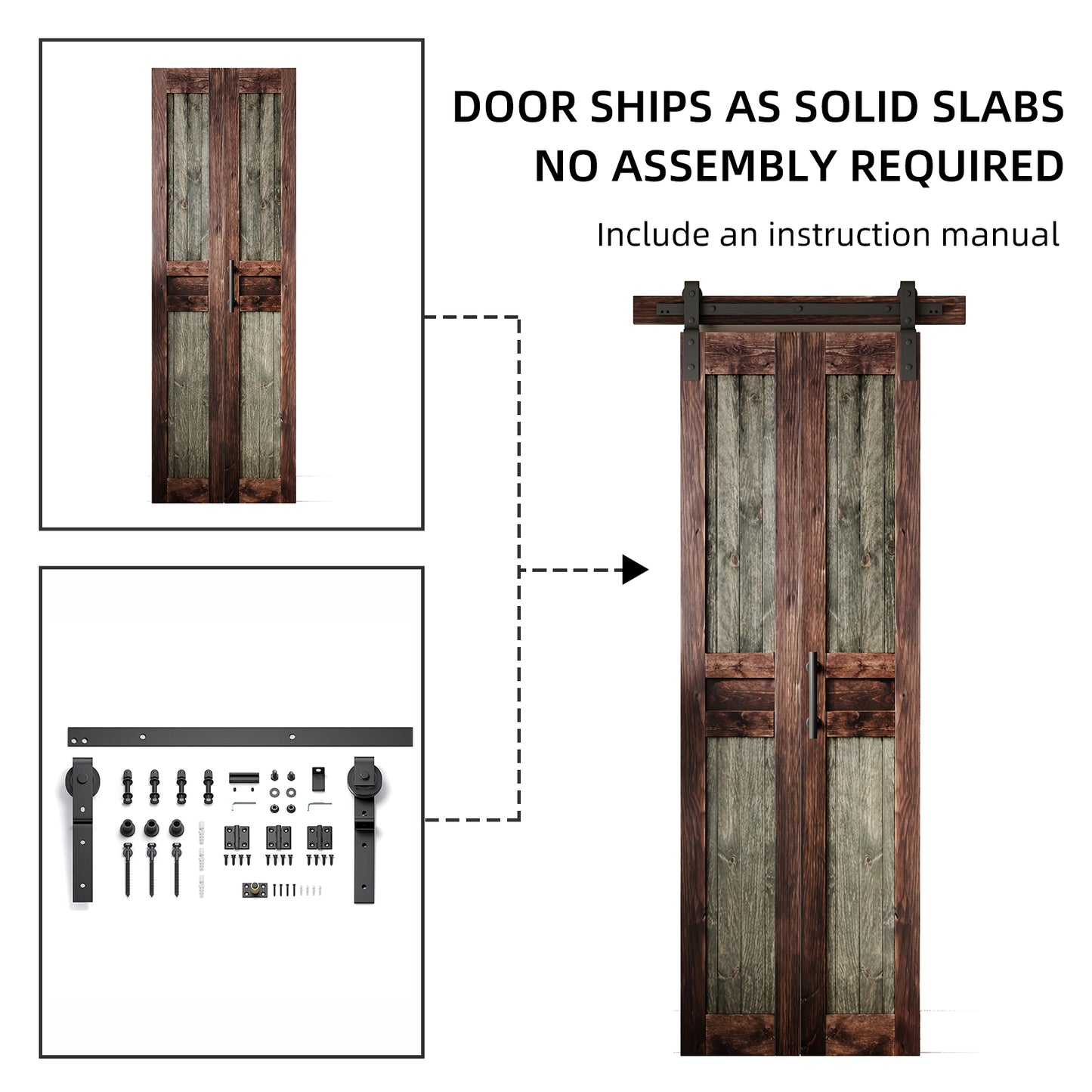 Rustic Dark Two-Tone Pine Wood No Assembly Required Bifold Sliding Barn Door with Hardware Kit