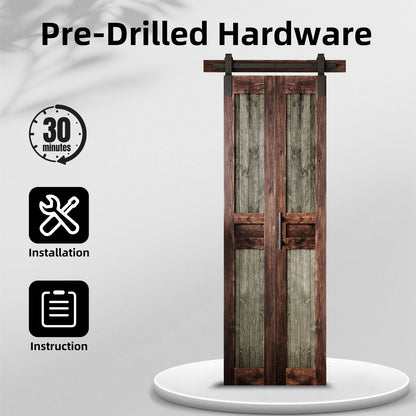 Rustic Dark Two-Tone Pine Wood No Assembly Required Bifold Sliding Barn Door with Hardware Kit