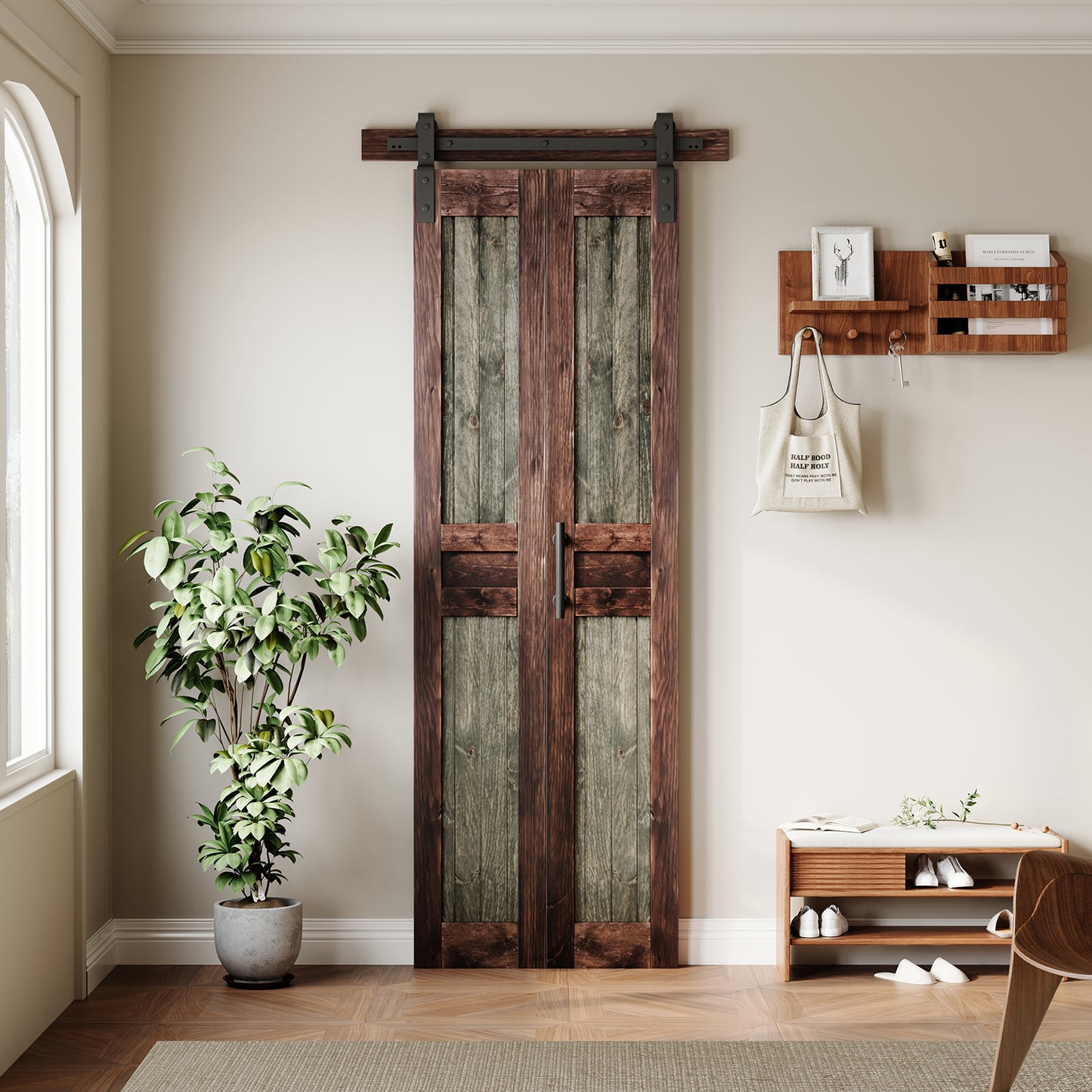 Rustic Dark Two-Tone Pine Wood No Assembly Required Bifold Sliding Barn Door with Hardware Kit